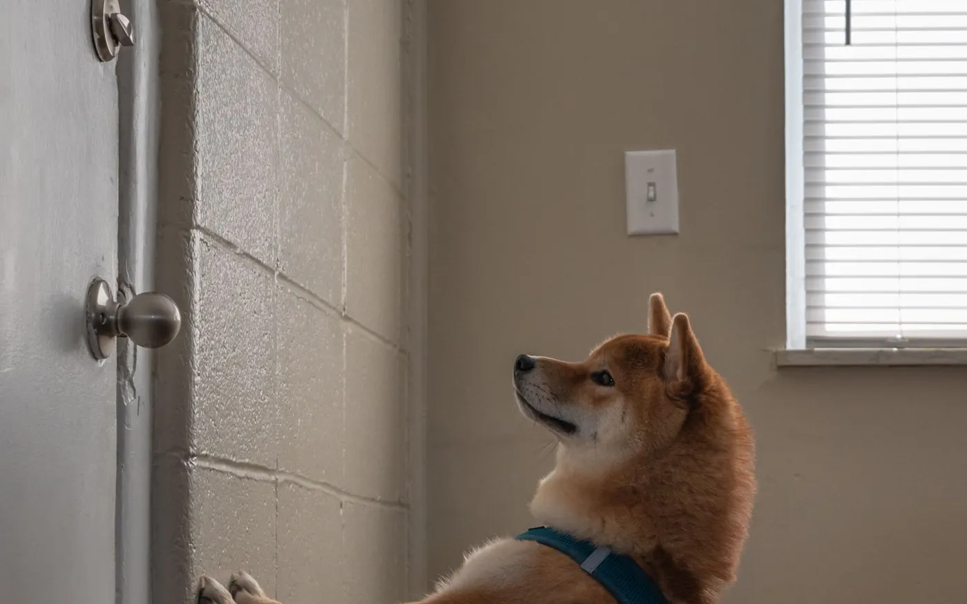 Cachorro shiba inu de peitoral azul esperando na porta