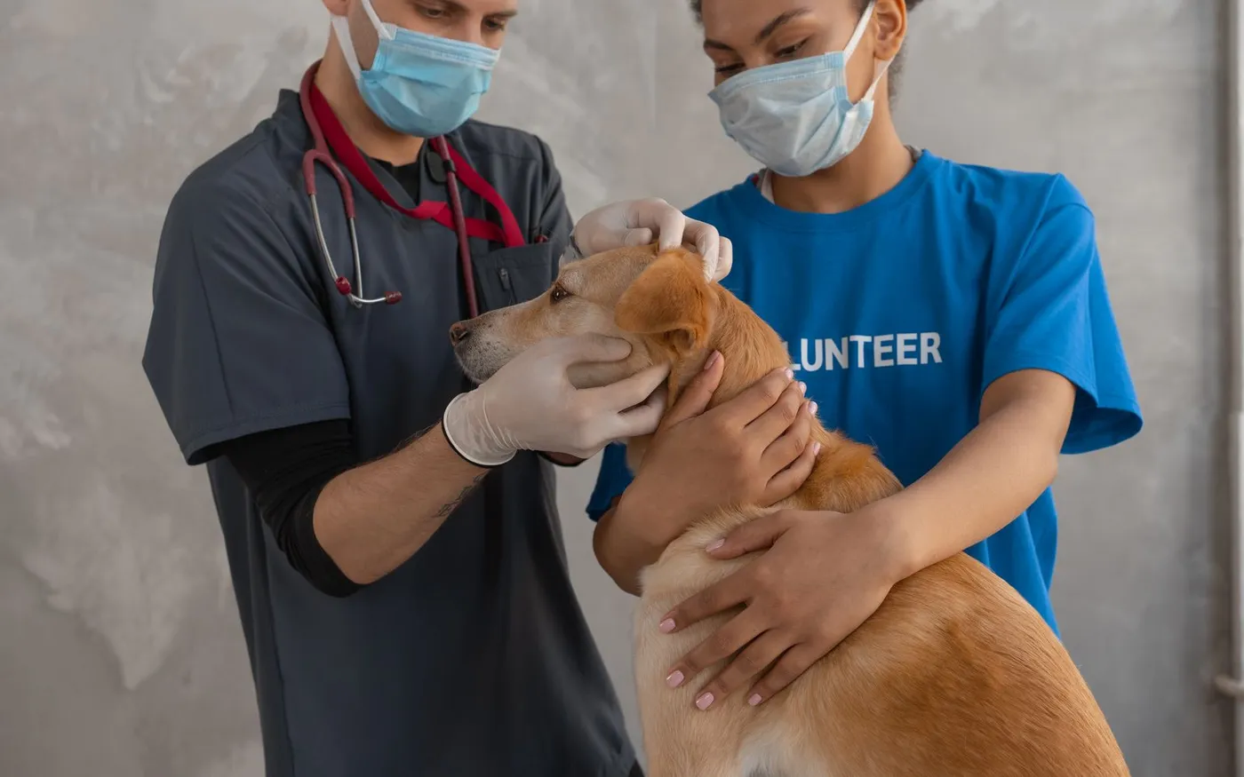 Veterinário examinando um cachorro marrom em uma clínica