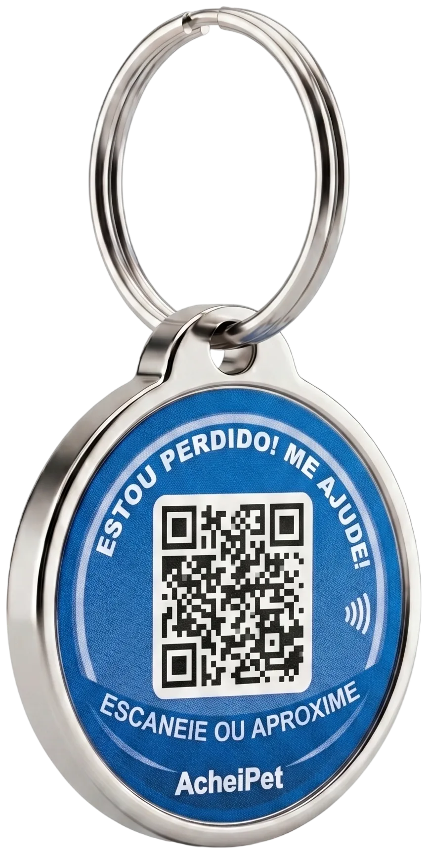 Verso da tag: QR Code e o texto 'Estou perdido! Me ajude — escaneie ou aproxime'