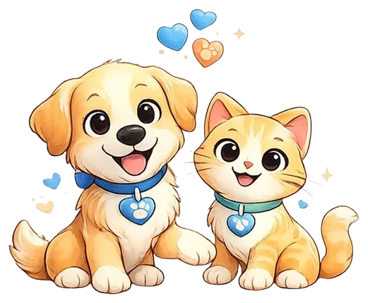 Um filhote de cachorro e um gato, cada um com a tag AcheiPet na coleira